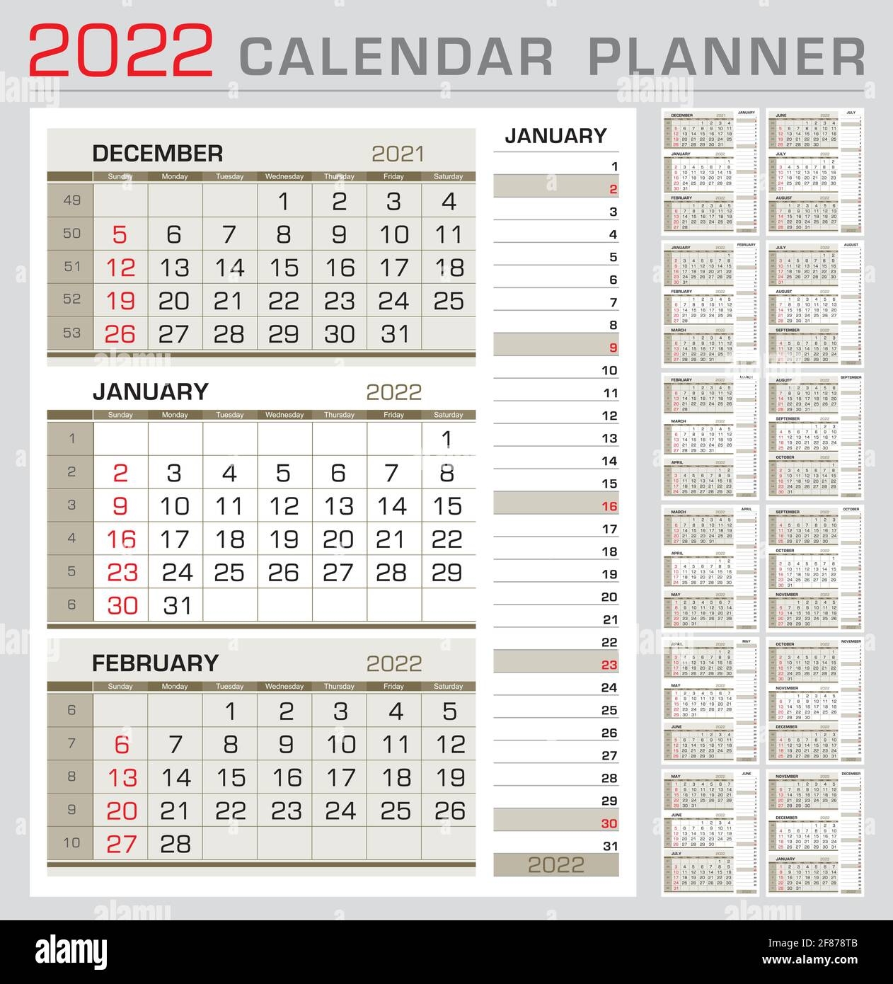 Kalenderplaner Vorlage 2022 Woche Ab Sonntag 3 Monats Kalender Auf Seite Mit Dem Rechten Streifen Kalender Des Aktuellen Monats Bereit Zum Drucken Stock Vektorgrafik Alamy
