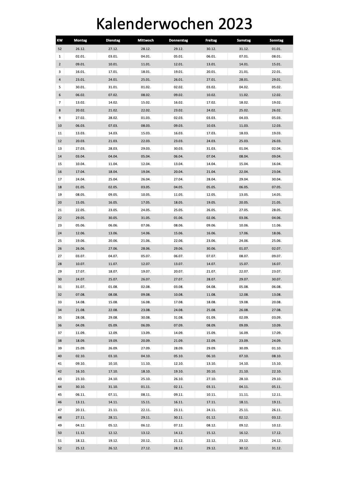 Kalenderwochen 2023 Schweiz Excel PDF 