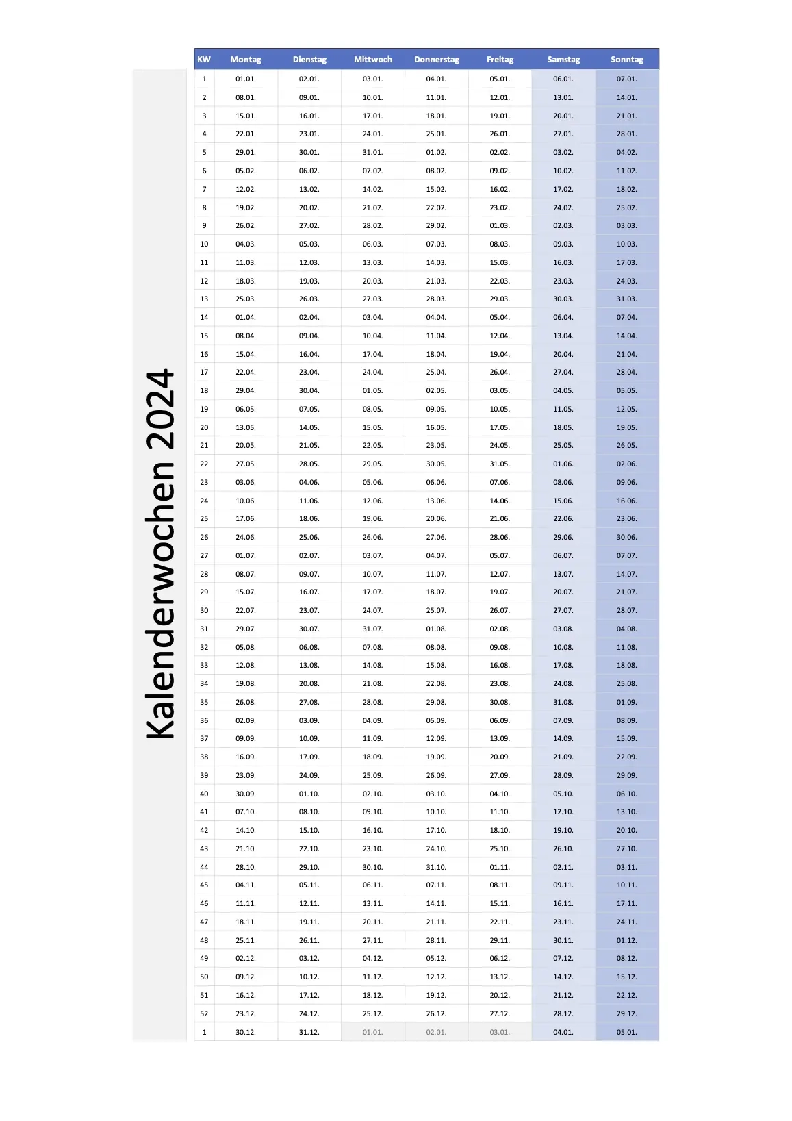 Kalenderwochen 2024 Schweiz Zum Ausdrucken Excel PDF 