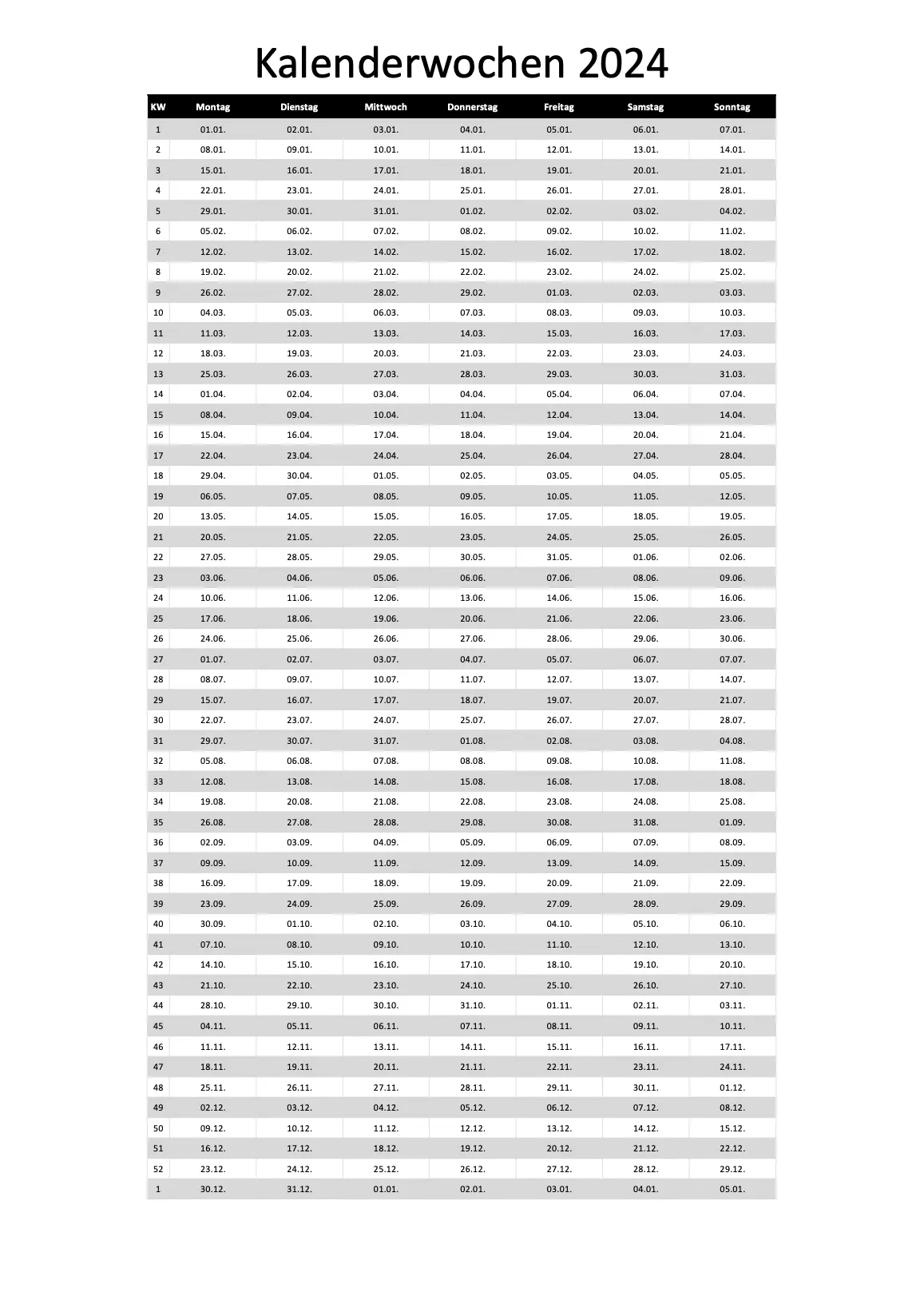 Kalender 2024 MIT Wochenangabe