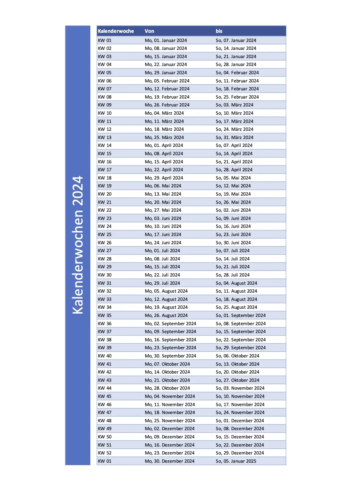 Kalenderwochen 2024 Zum Ausdrucken Gratis PDF Excel