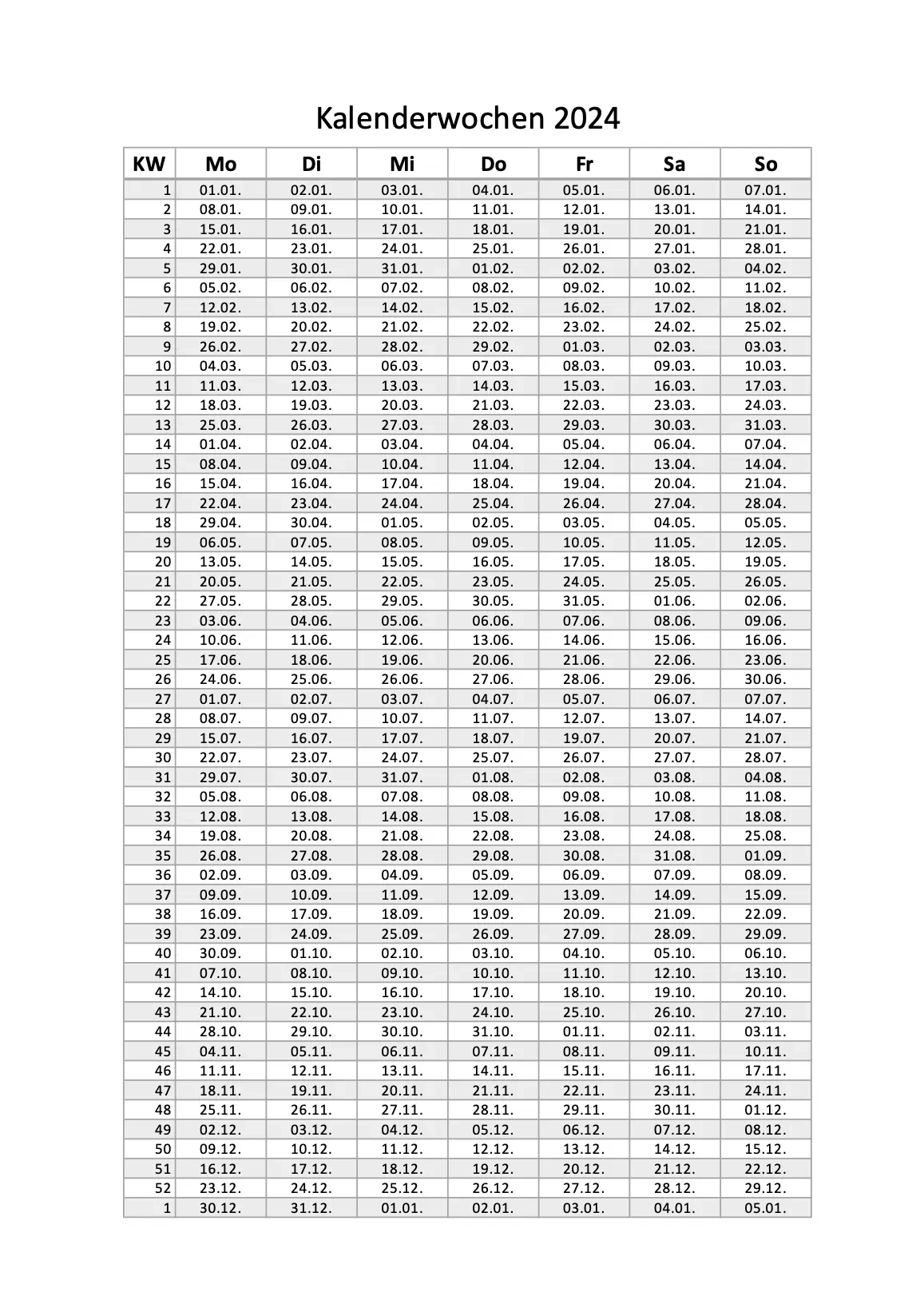 Kalenderwochen 2024 Zum Ausdrucken Gratis PDF Excel