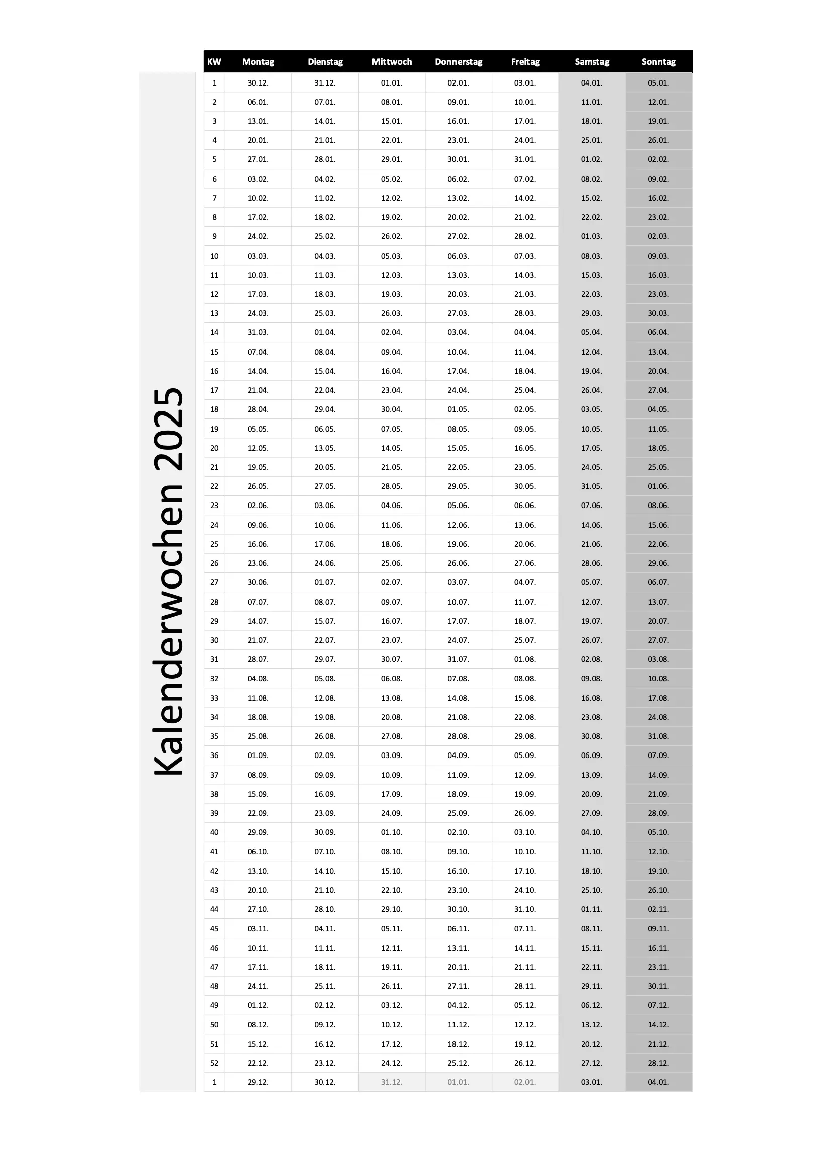 Kalenderwochen 2025 Schweiz Zum Ausdrucken Excel PDF 