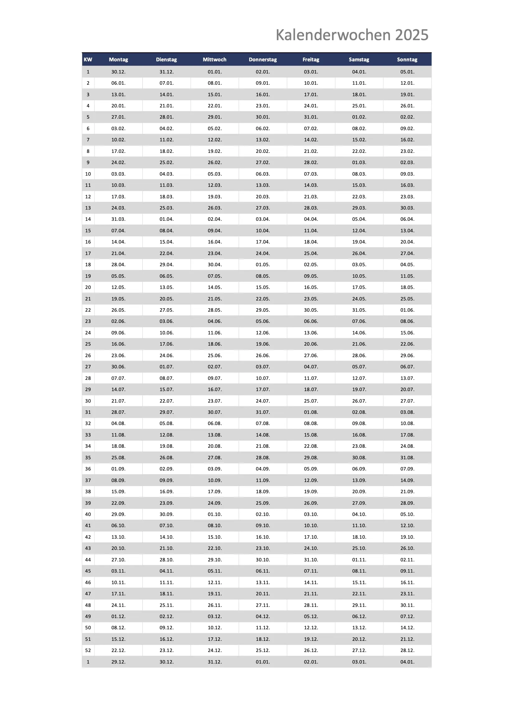 Kalenderwochen 2025 Schweiz Zum Ausdrucken Excel PDF 