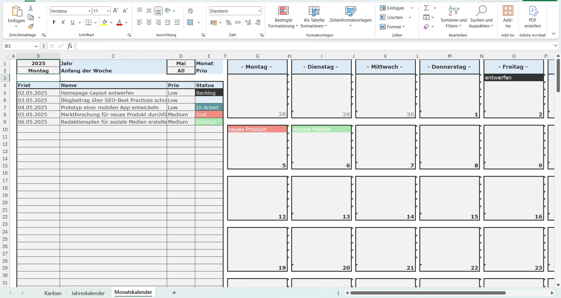 Kanban Board F r Excel Mit Kalender Zum Erstellen Von Deadlines Projekt Vorlage
