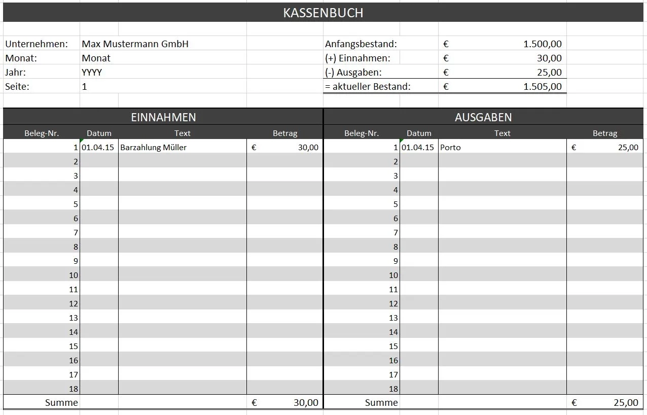 Kassabuchvorlage F r Excel Mit Anleitung Kostenloser Download 