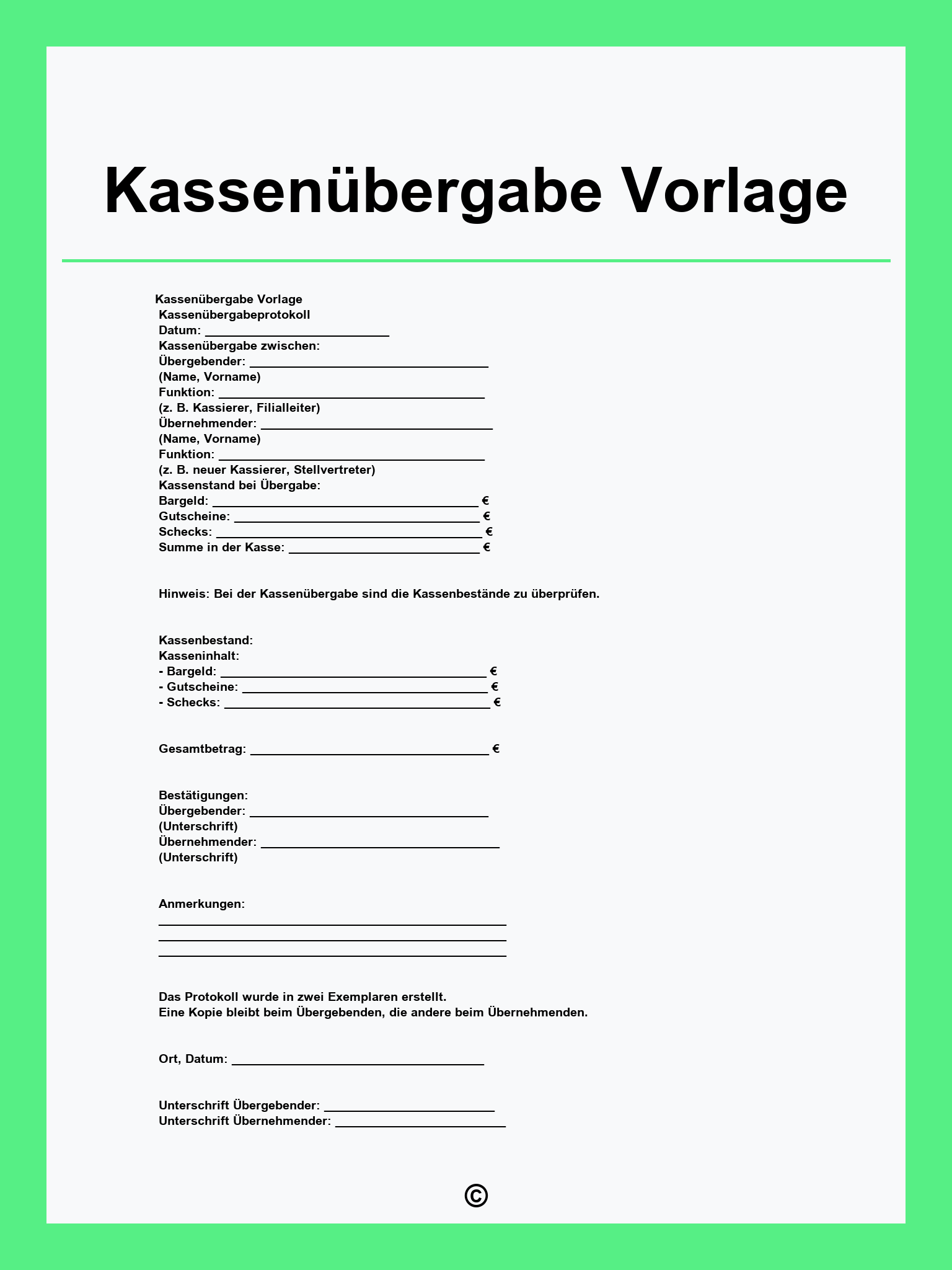 Kassen bergabe Vorlage