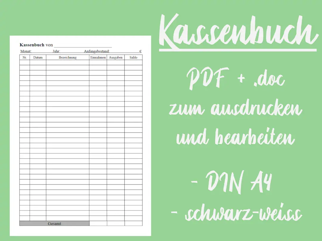 Kassenbuch PDF Doc Datei Kassenbericht Einnahmen Ausgaben E R Druckvorlage Etsy de