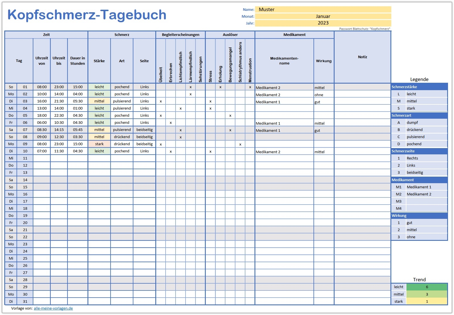 Schmerzkalender Zum Ausdrucken
