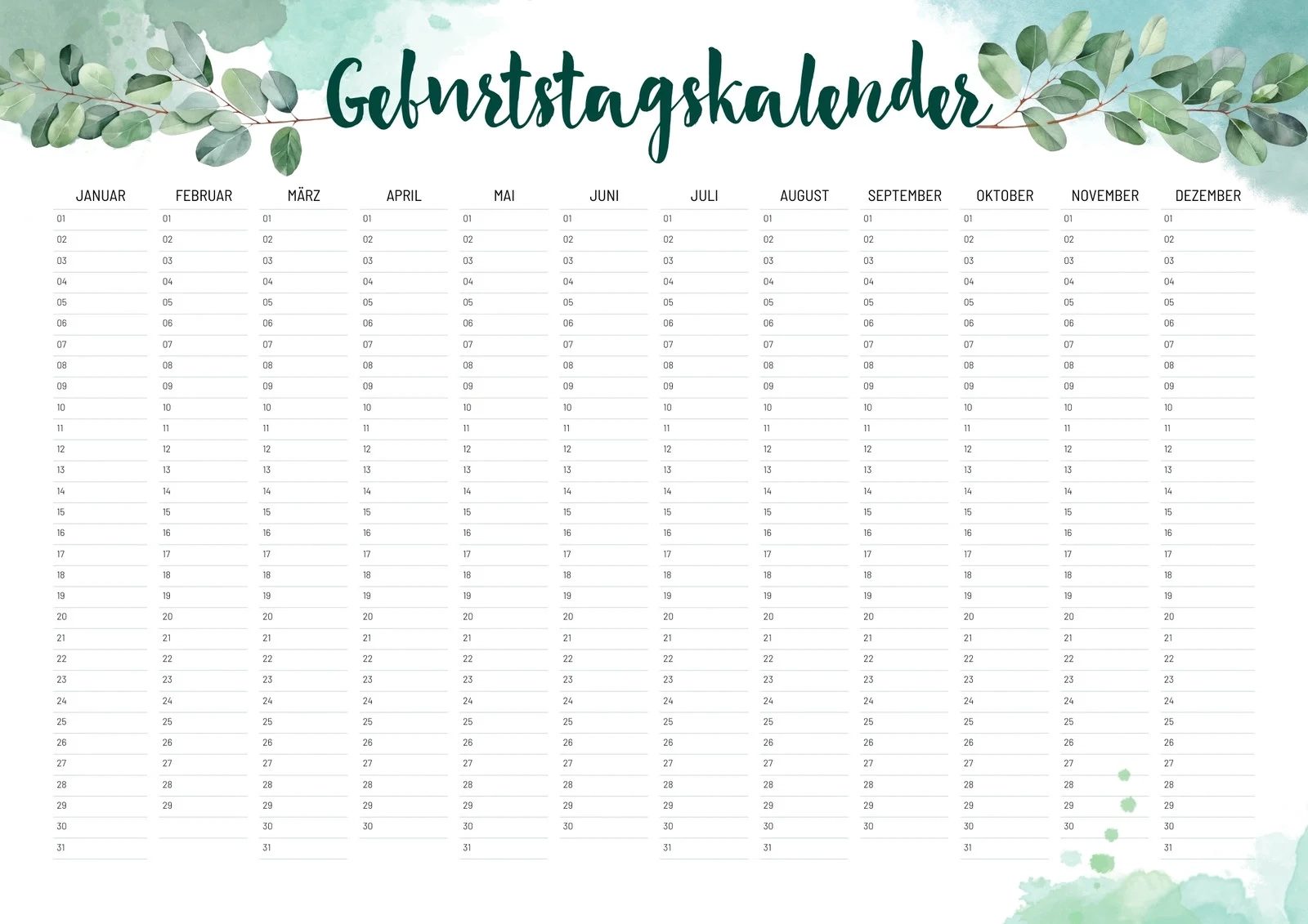 Geburtstags Jahreskalender Zum Ausdrucken