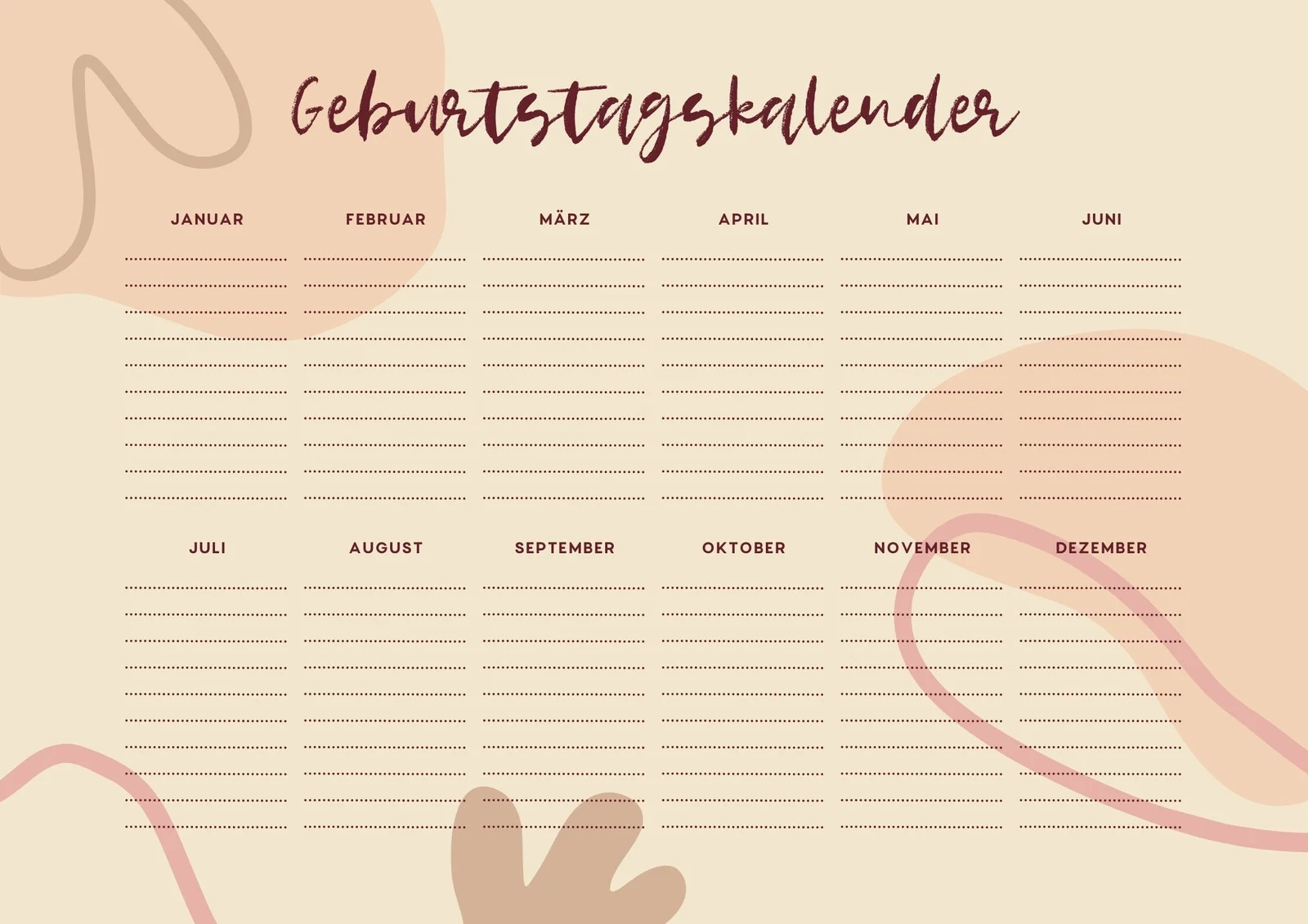 Wand Geburstagskalender Monat Zum Ausdrucken