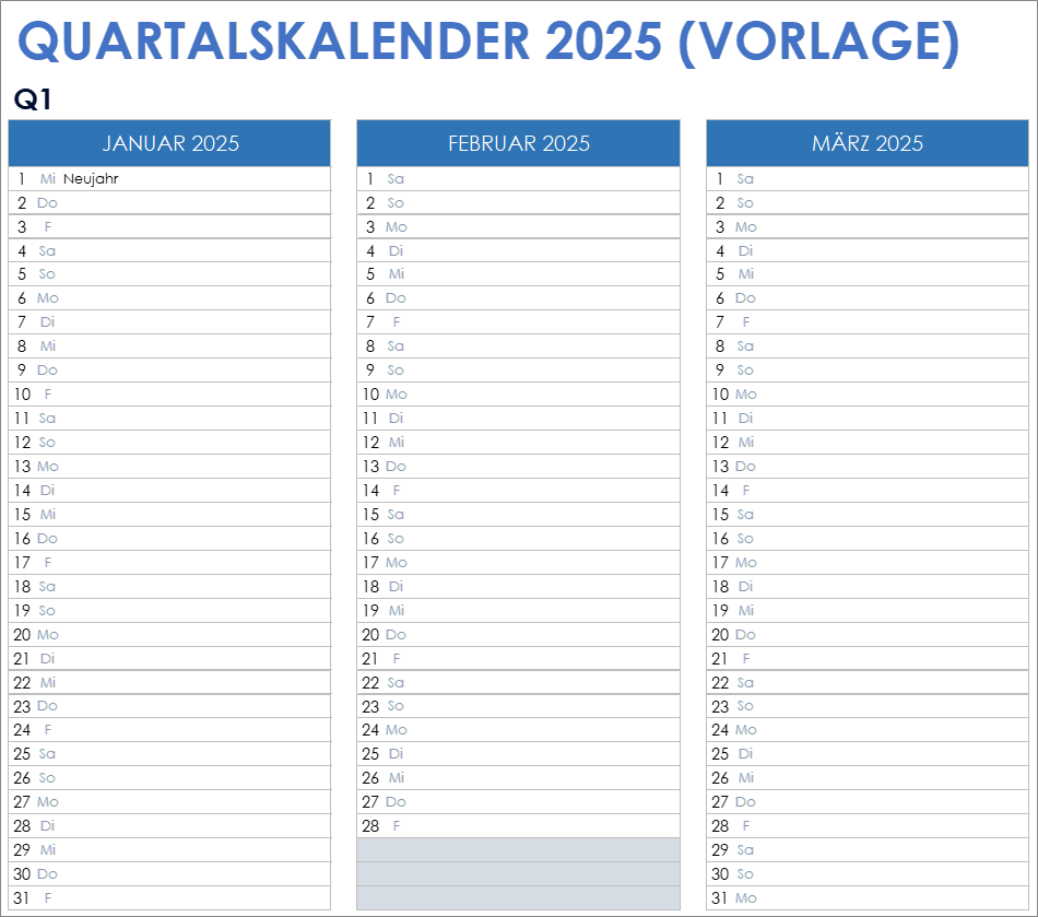 Excel-Vorlage Kalender 2025