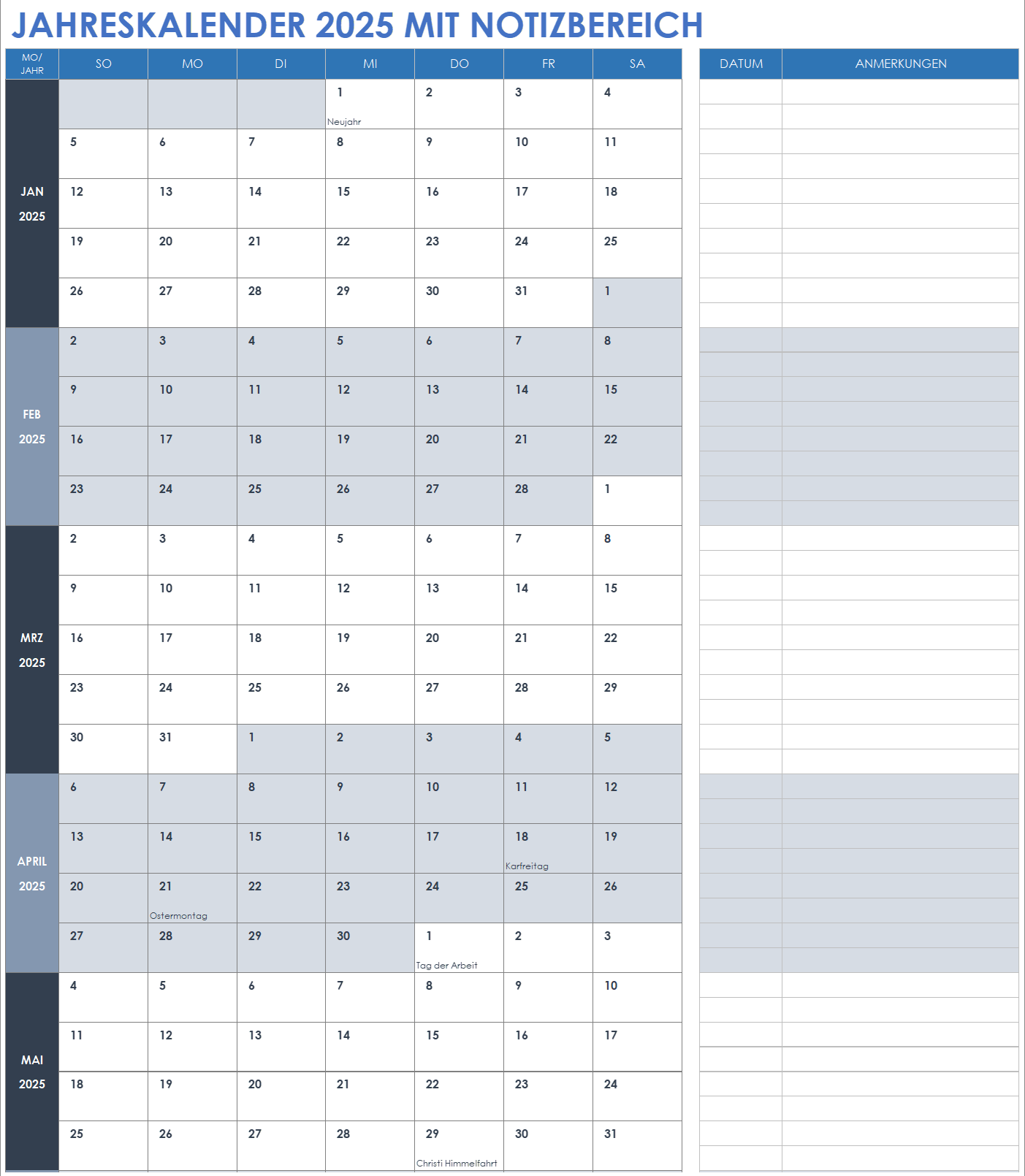 Excel Kalender 202 MIT Feiertagen