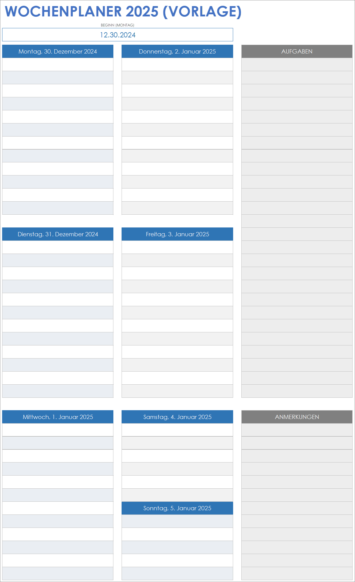 Online Excel Kalendervorlage