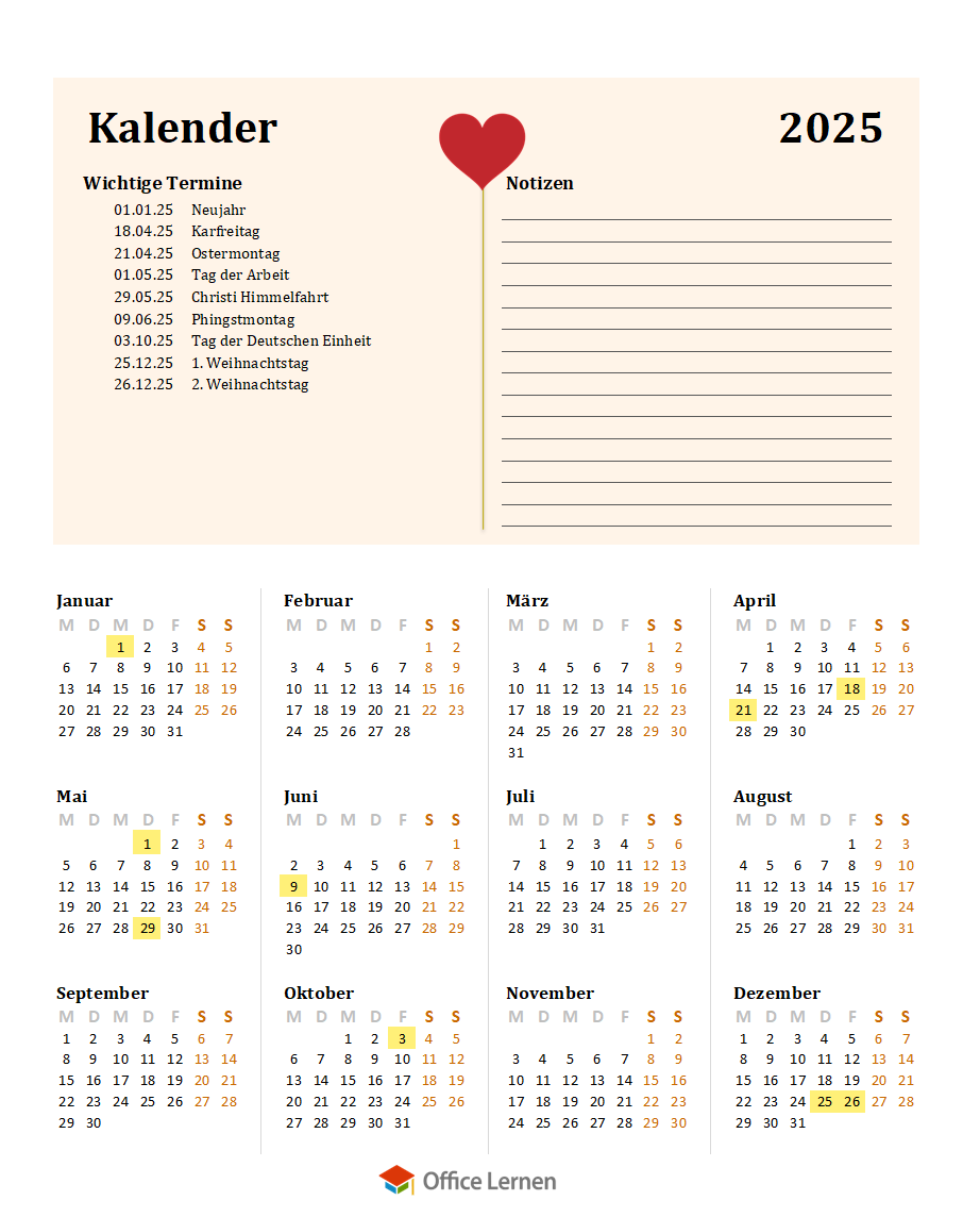 Kostenlose Kalendervorlagen 2025 Office Lernen