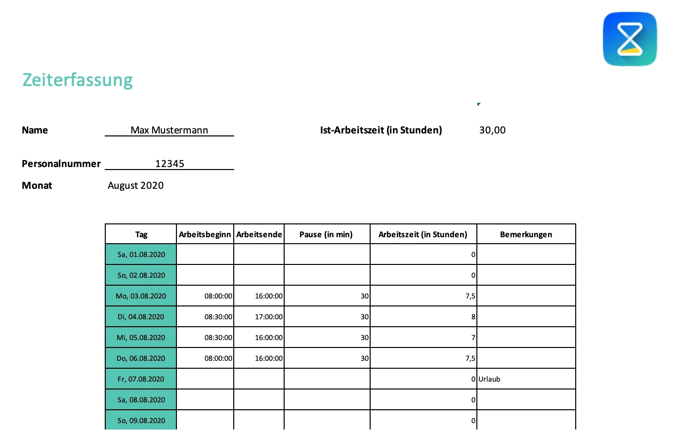 Excel-Vorlage Arbeitszeiterfassung Kostenlos