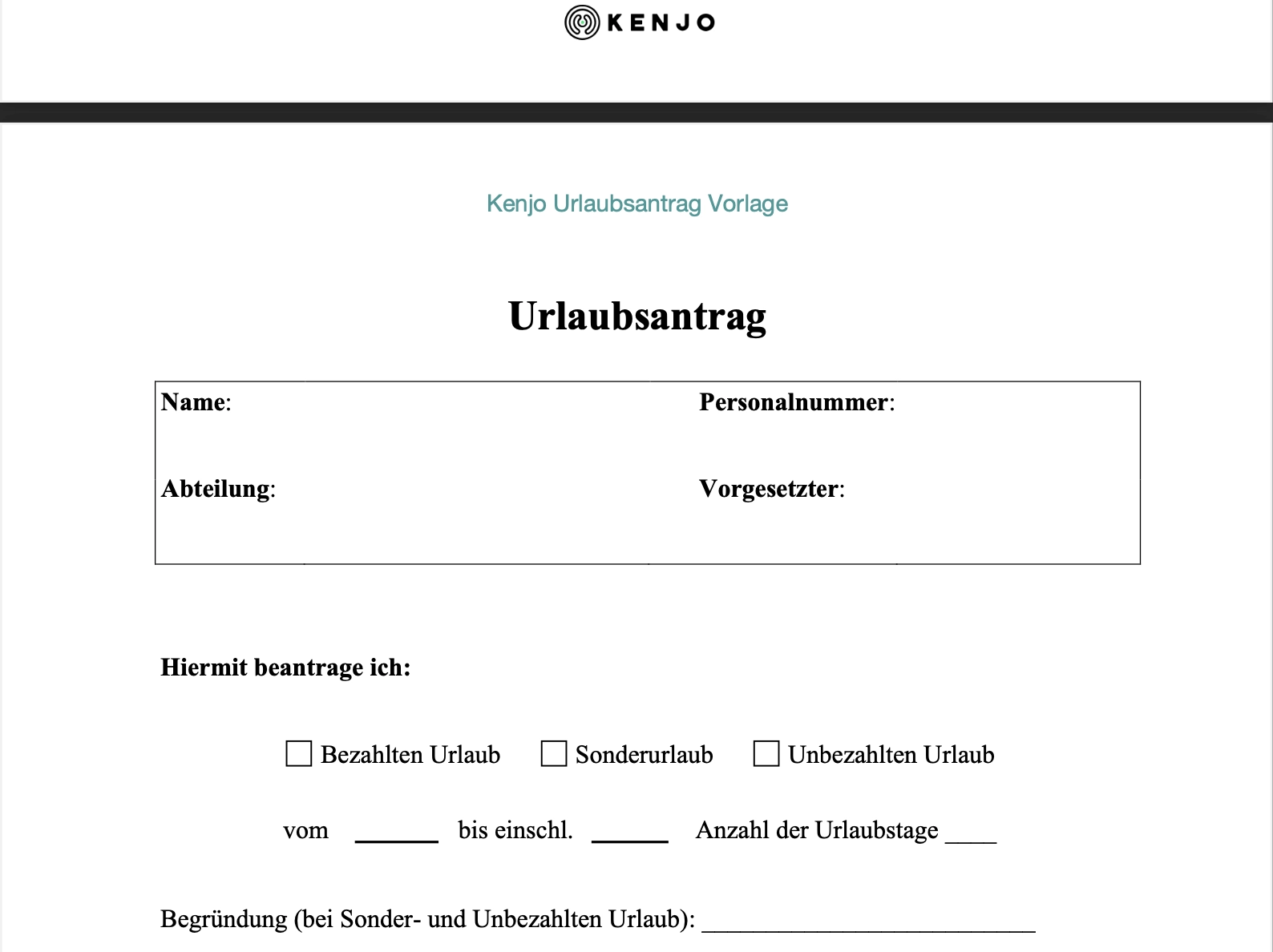 Kostenloser Urlaubsantrag Vorlage Kenjo