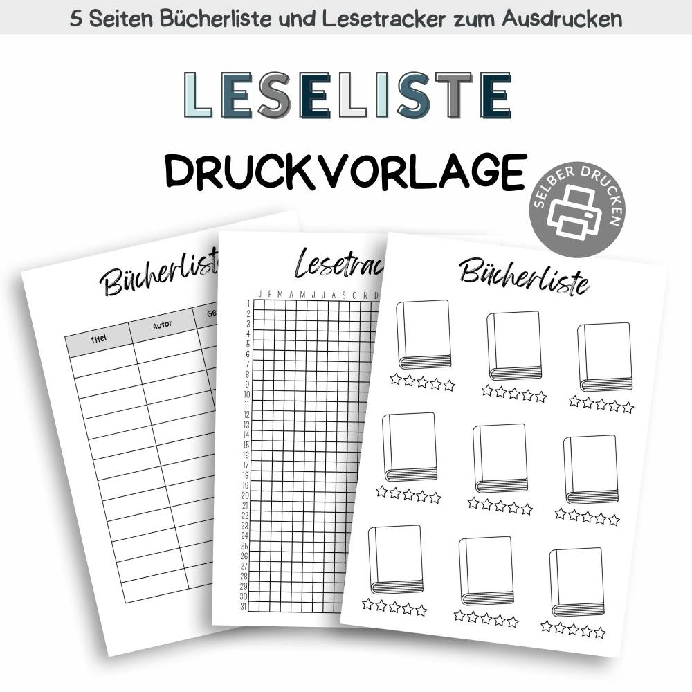 Leseliste Lesetracker PDF B cherliste Zum Ausdrucken 5 Designs DIN A4 Deutsch 