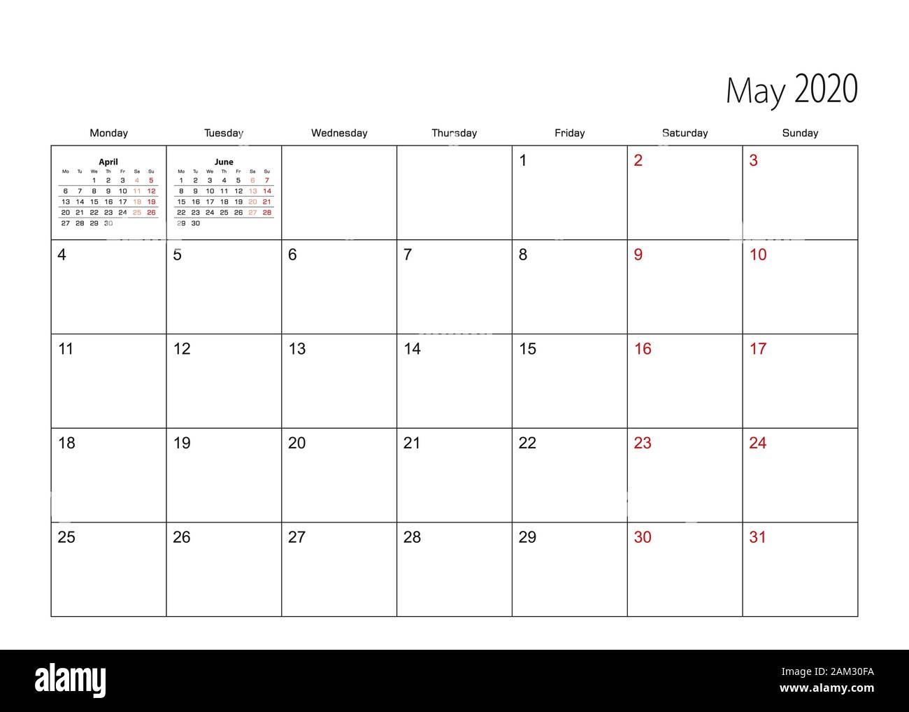 Mai 2020 Einfacher Kalender Planer Woche Beginnt Ab Montag Vektor Kalender Routenplaner Stock Vektorgrafik Alamy