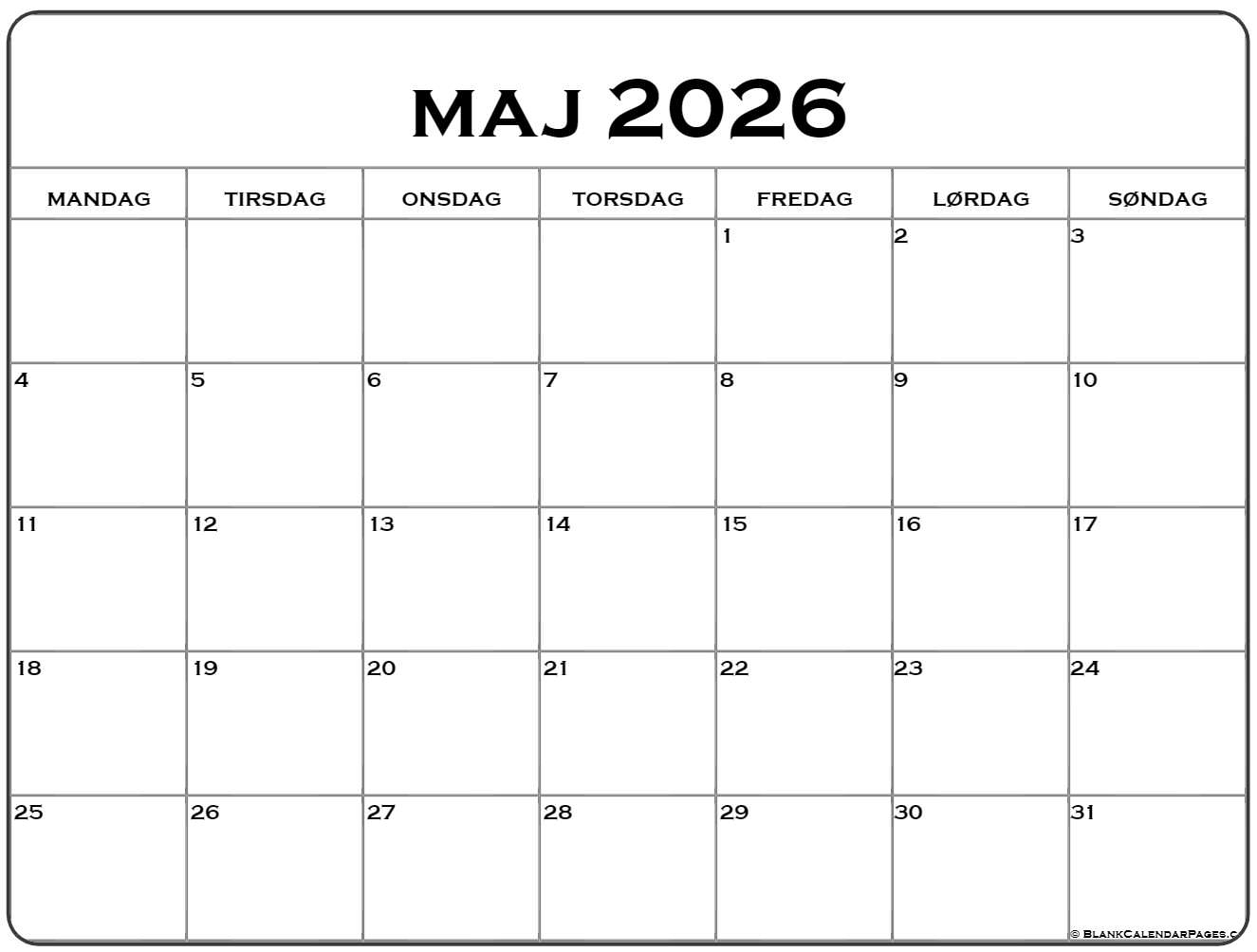 Maj 2026 Kalender Dansk Kalender Maj