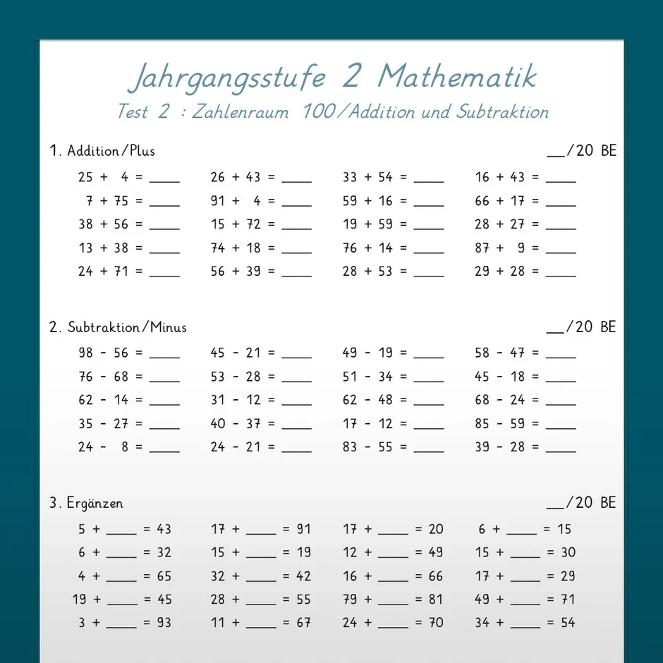 Mathe Jahrgangsstufentest Zum Stoff Der 2 Klasse