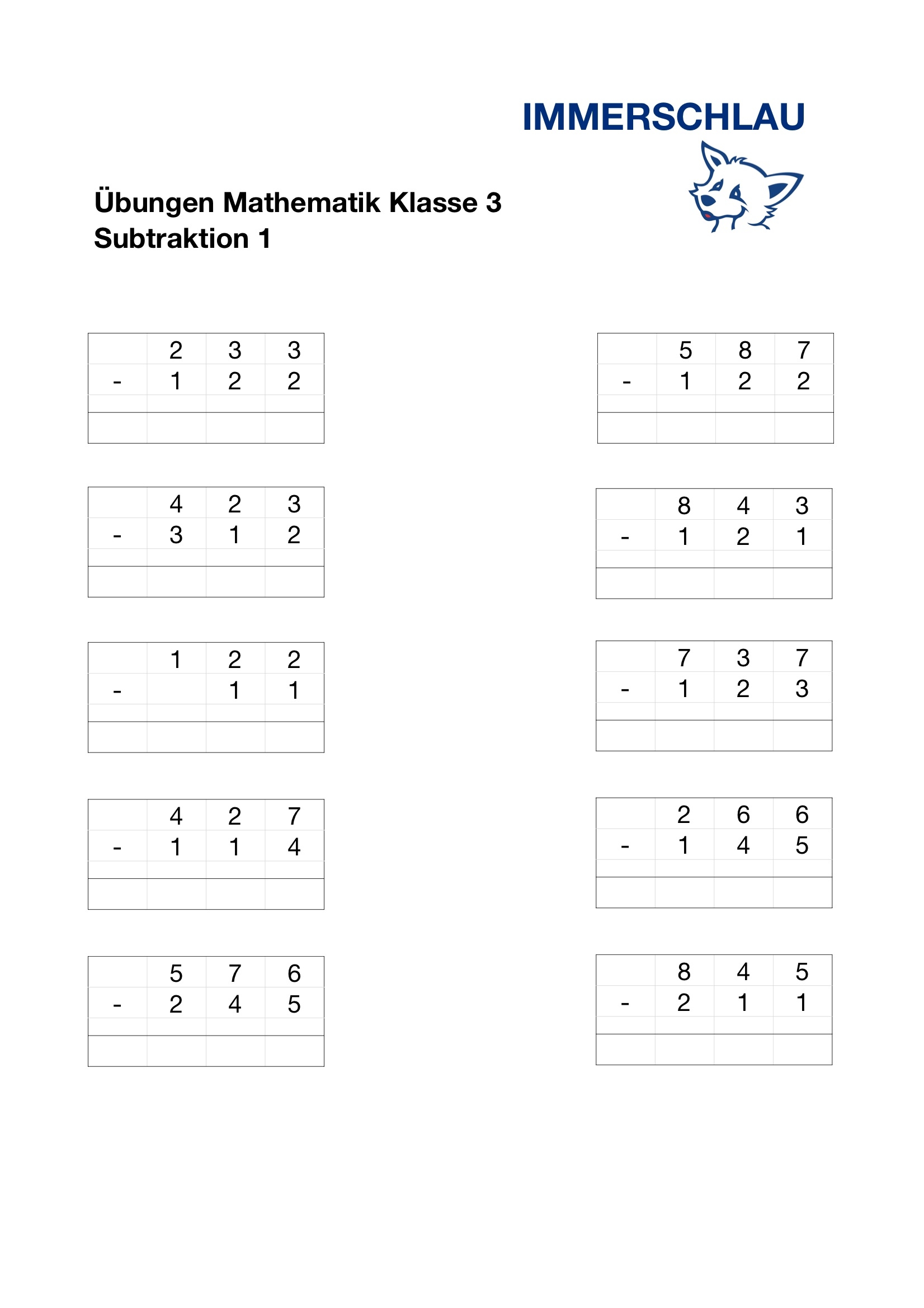 Mathematik Klasse 3 bungen Zur Subtraktion IMMERSCHLAU