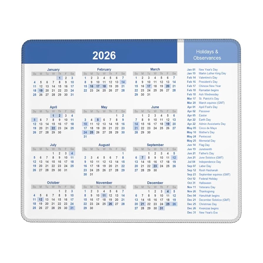 Mauspad 2026 Kalender Mit Feiertagen Premium Textur Mauspad Mit Rutschfester Gummiunterseite Mauspad F r Laptop Computer B ro Schreibtischzubeh r Amazon de Computer Zubeh r