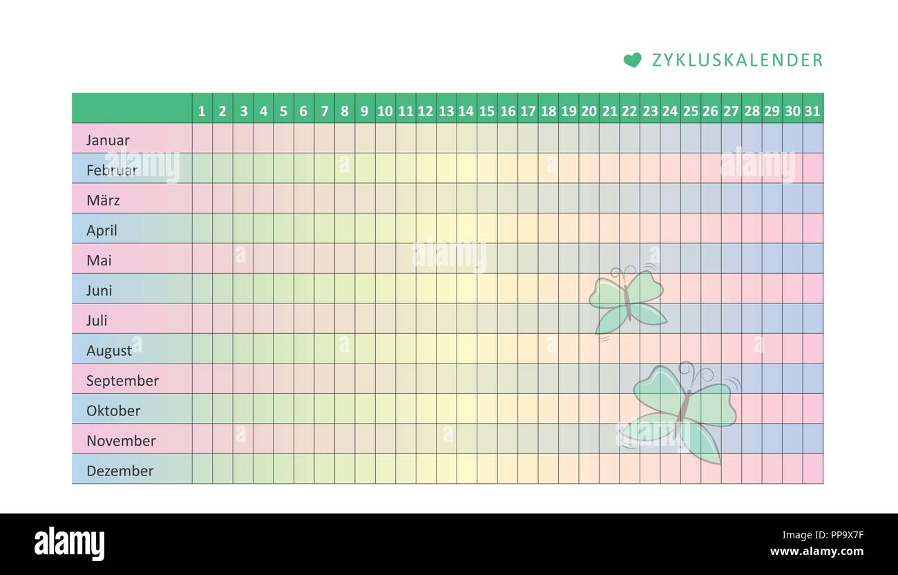 Monatliche Menstruation Kalender Des Menstruationszyklus Mit Schmetterling Vektor illustration EPS 10 Stock Vektorgrafik Alamy