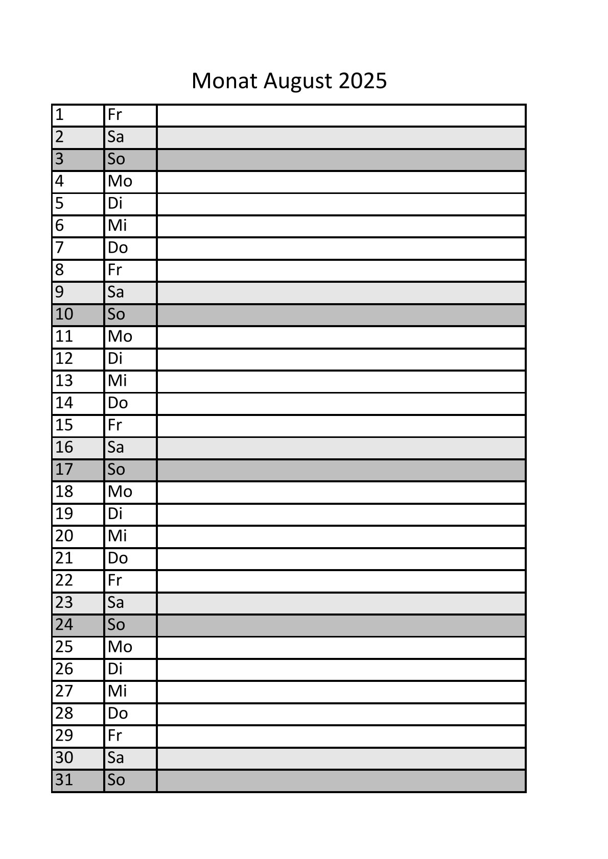 Monatskalender 2025 To do Listen
