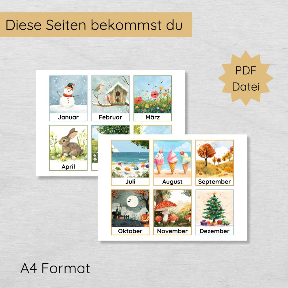 Monatskarten Set F r Kinder Zum Ausdrucken Bildkarten Monate Des Jahres Und Jahreszeiten Lernen
