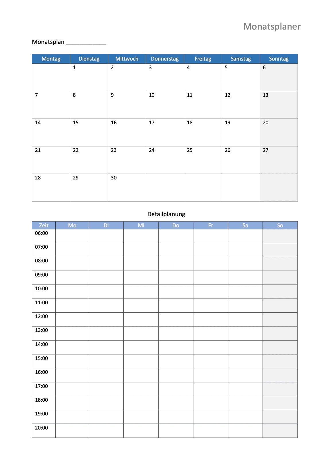 Kalender Für Monatsplaner Vorlagen