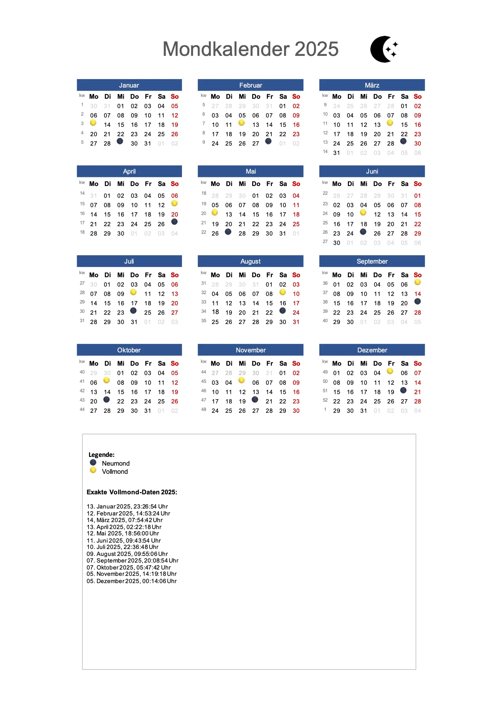 Mondkalender 2025 Schweiz Zum Ausdrucken Gratis Download