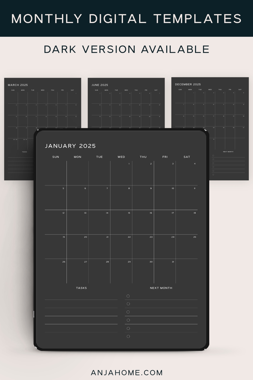 Monthly Calendar Digital Template 2025 AnjaHome