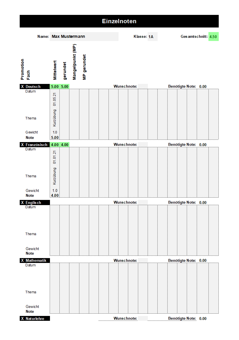 Notenblatt F r Schulnoten Excel Notenberechner ch
