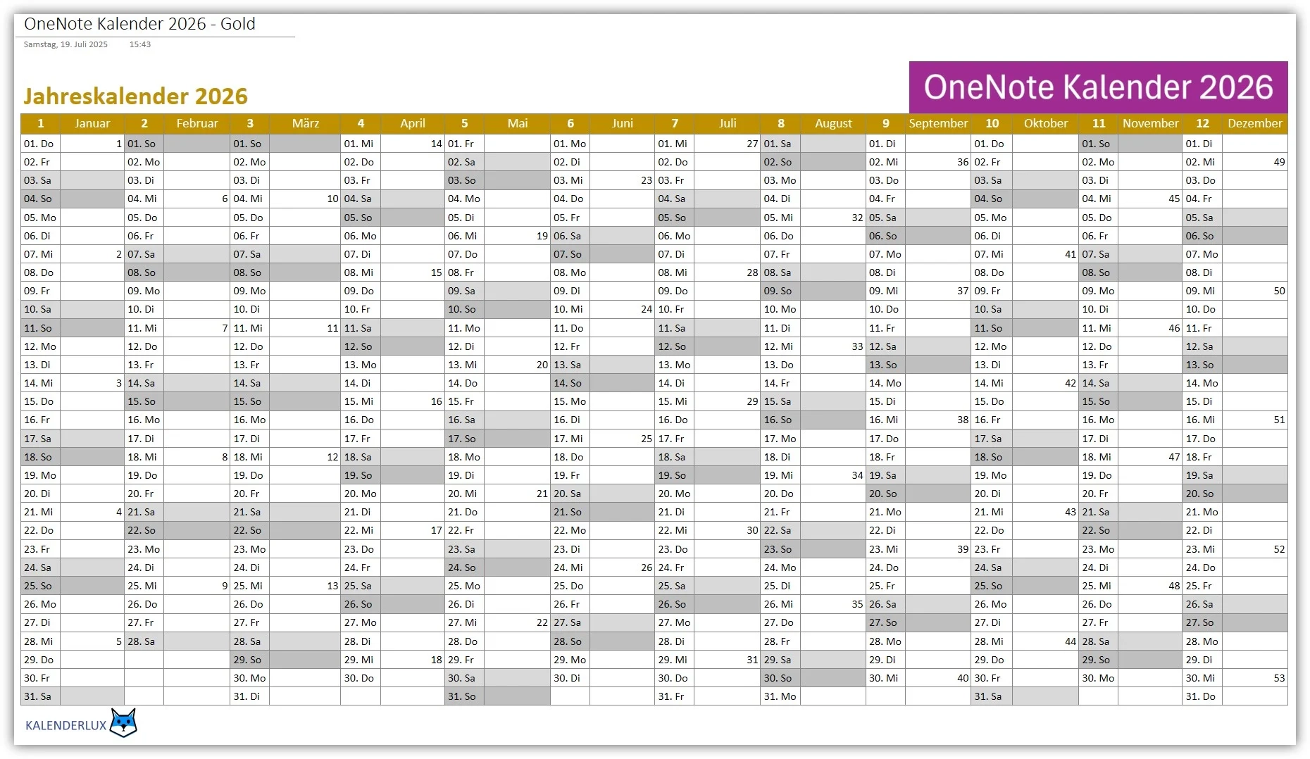 Excel-Vorlage Kalender 2026