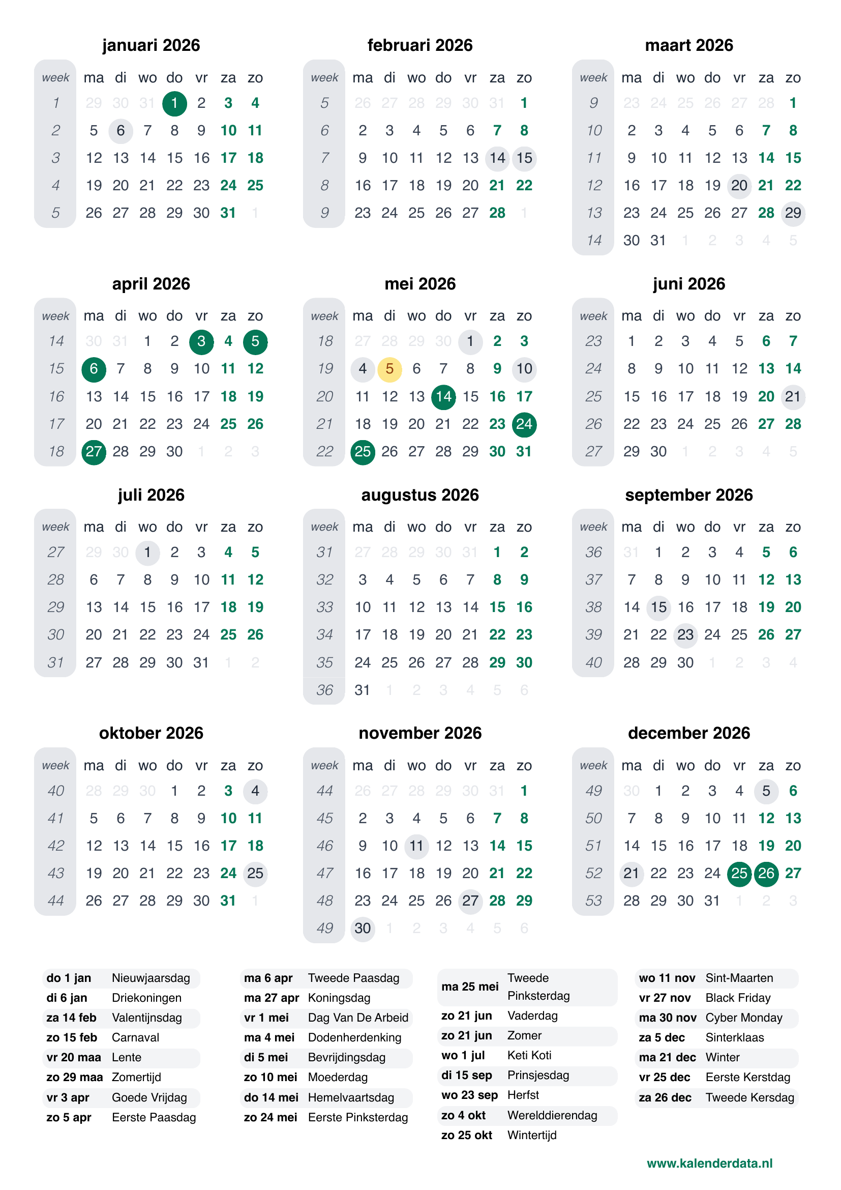 Online Kalenders Met Feestdagen En Weeknummers PDF 