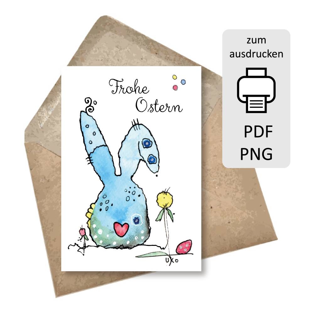 Osterkarten Zum Ausdrucken Osterhase Hellblau DIY Set Digital Download PNG PDF