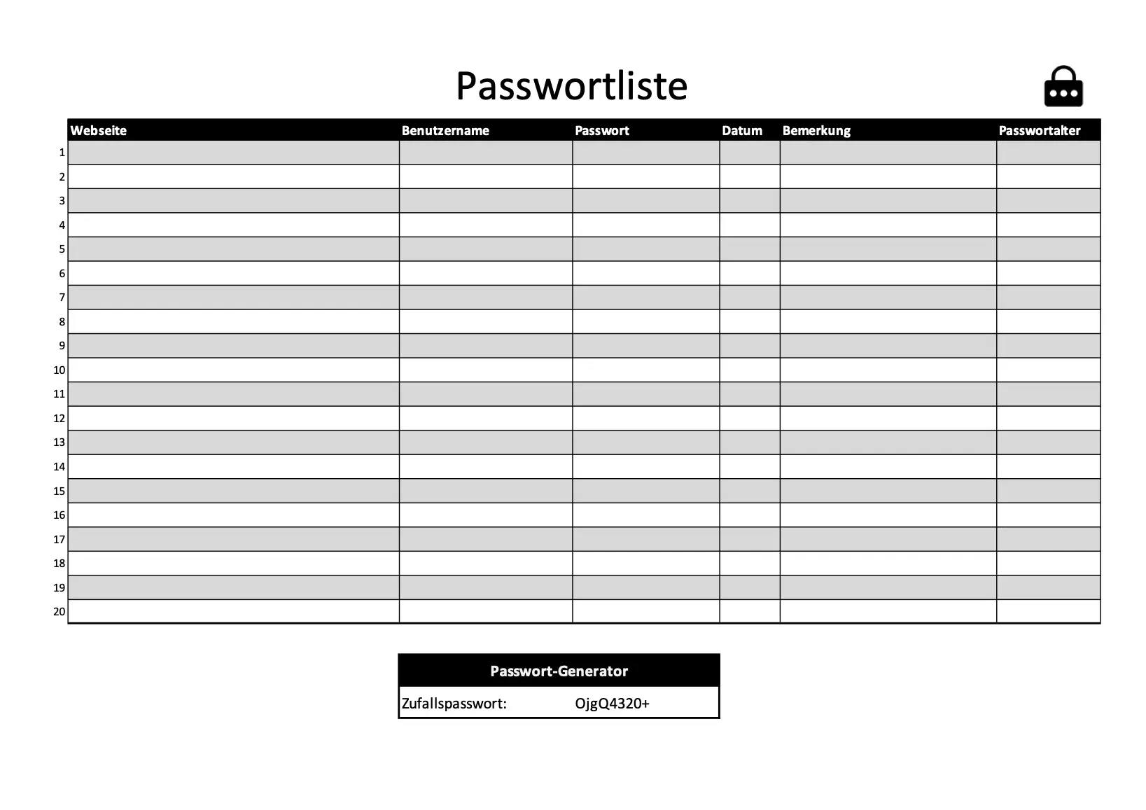 Passwortliste Excel Vorlage Kostenlos Herunterladen
