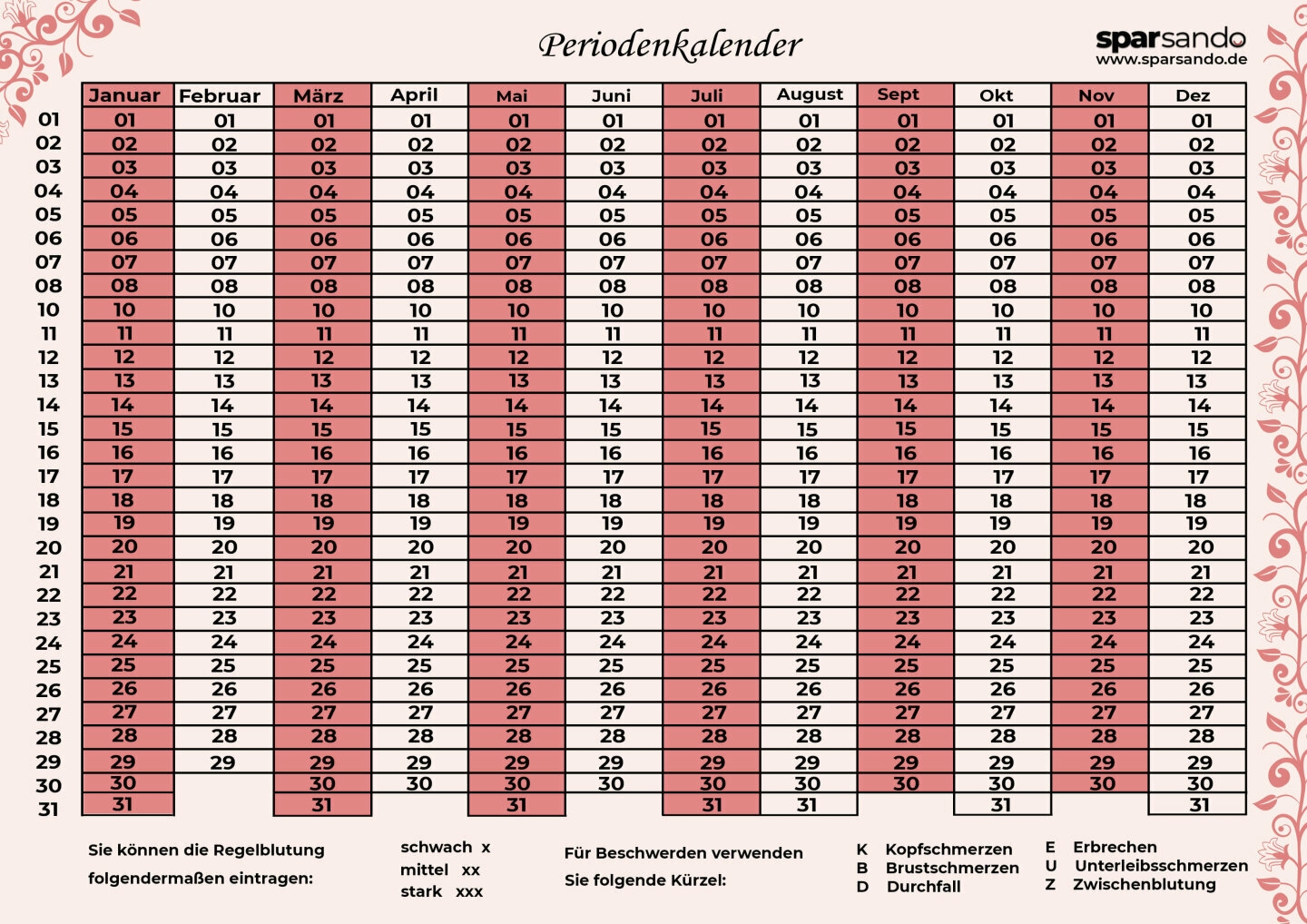 Periodenkalender Zum Ausdrucken Jetzt Downloaden