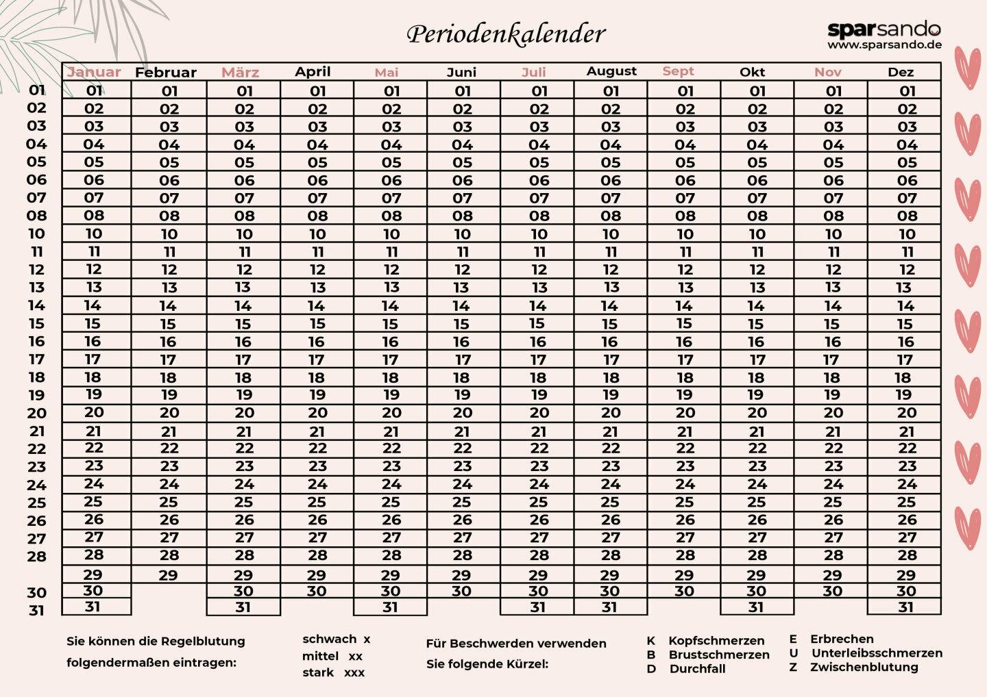 Periodenkalender Zum Ausdrucken Jetzt Downloaden