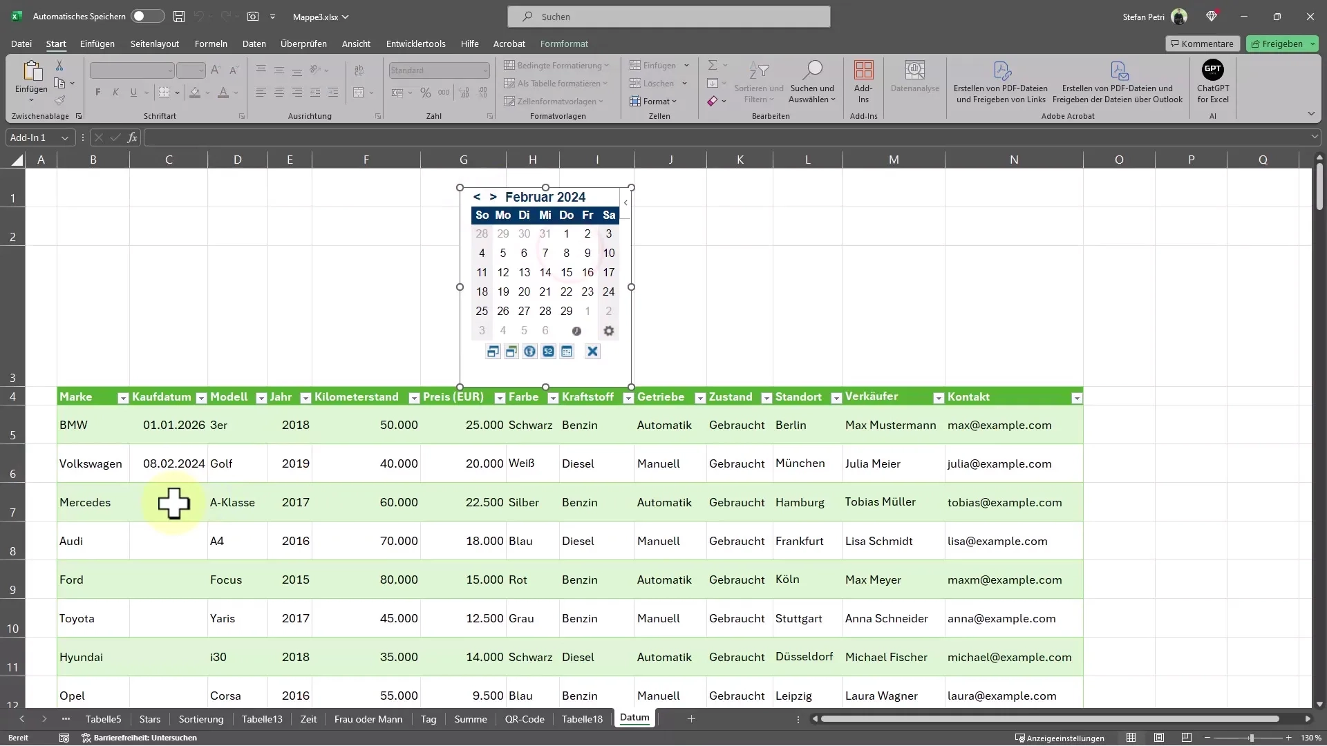 Kalender Excel Spalten