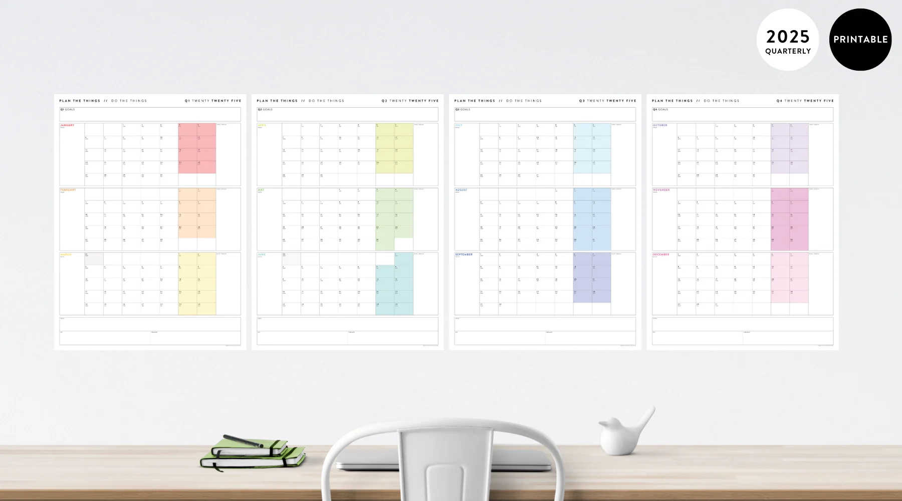 PRINTABLE 2025 Q1 Q2 Q3 Q4 QUARTERLY CALENDAR FULL YEAR SET I Plan The Things