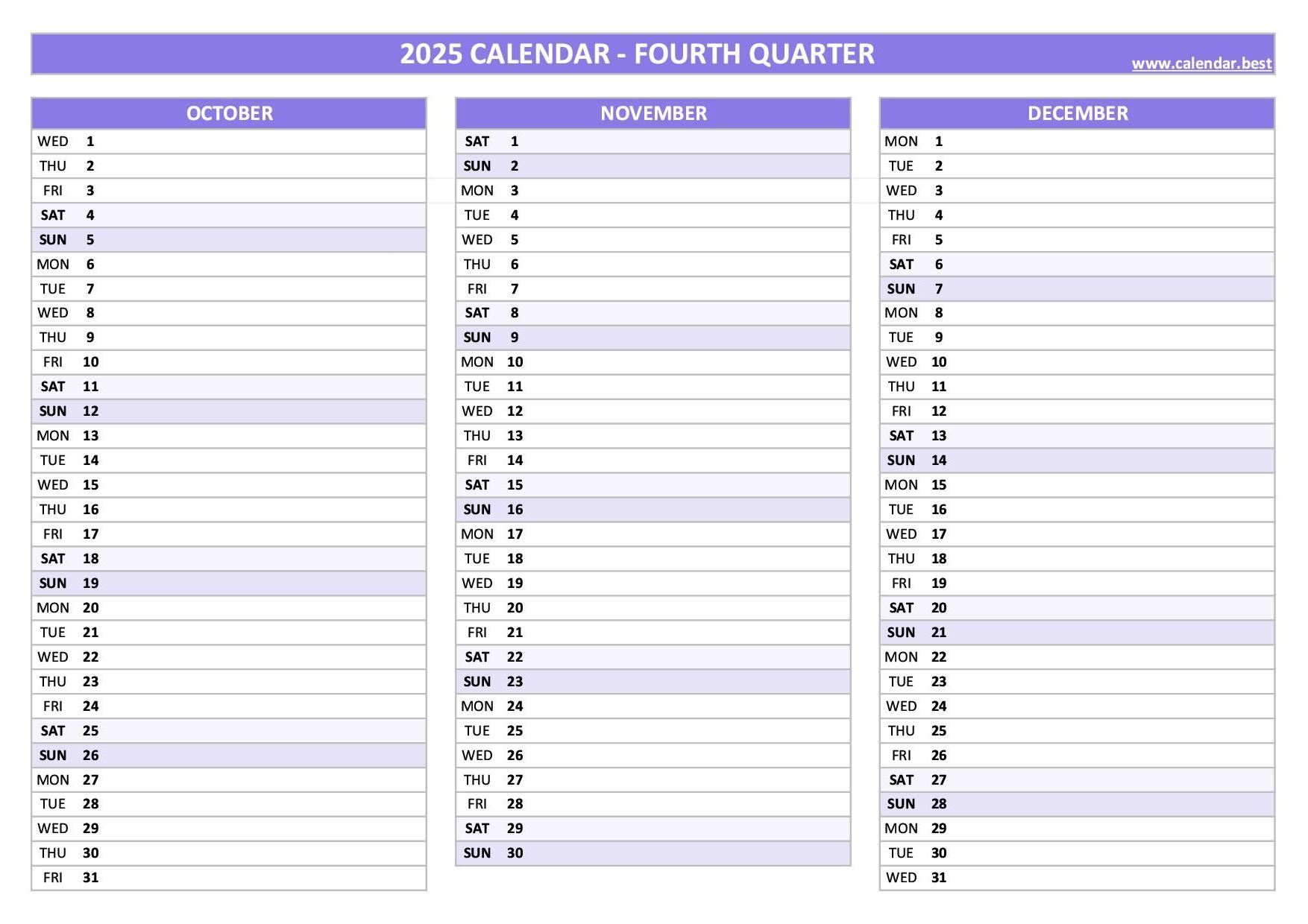 Printable 4th Quarter 2025 Calendar