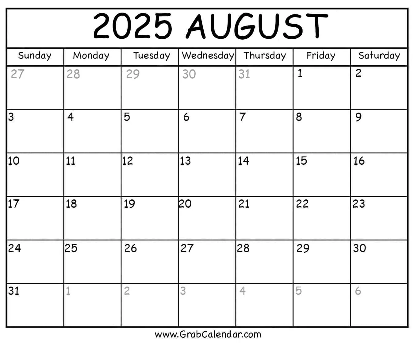 Kalender Augustus 2025