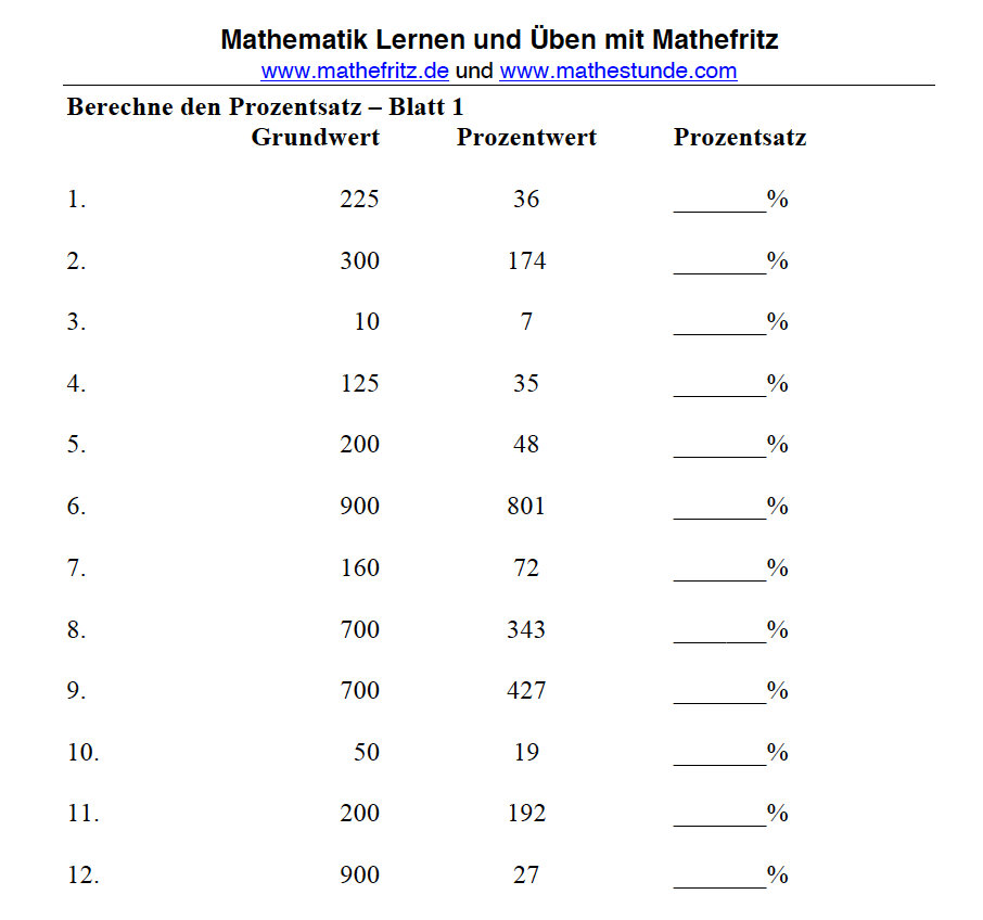 Prozentsatz Berechnen Arbeitsblatt Mathefritz Matheaufgaben Klasse 7
