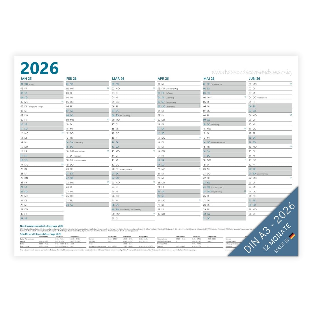 PuK Kr mmer GmbH Jahresplaner 2026 A3 12 Monate Mit Ferien Und Feiertage Gefaltet Auf DIN A4 12 Monate Tafelkalender Vorder Und R ckseite DIN A3 Quer Wandplaner Amazon de B robedarf Schreibwaren