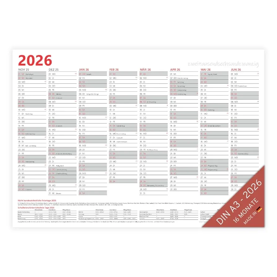 PuK Kr mmer GmbH Jahresplaner 2026 A3 16 Monate Mit Ferien Und Feiertage Gefaltet Auf DIN A4 16 Monate Tafelkalender Vorder Und R ckseite DIN A3 Quer Wandplaner Amazon de B robedarf Schreibwaren