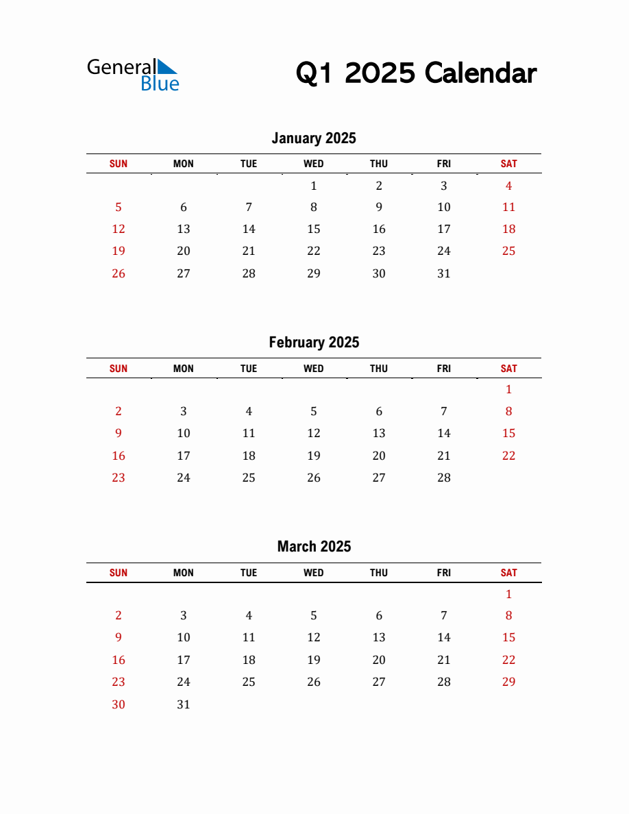 Q1 2025 Calendar Template In PDF Excel And Word