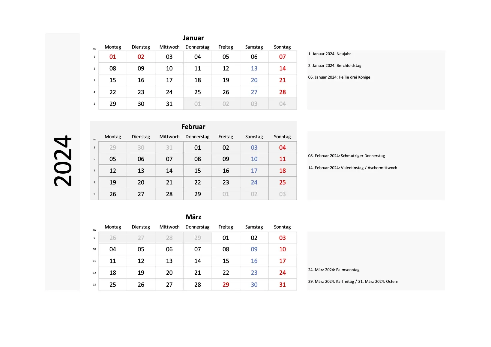 Quartalskalender 2024 Schweiz Zum Ausdrucken Excel PDF 