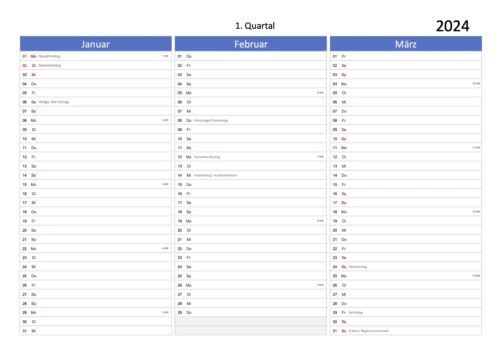 Quartalskalender 2024 Schweiz Zum Ausdrucken Excel PDF 